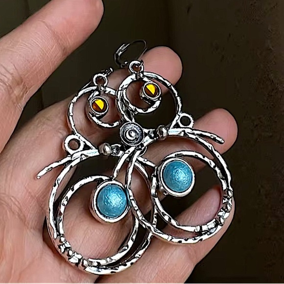 Bohemian Round Blue Stone Earrings Handmade Silver Engraved Round Dangle - Picture 2 of 7